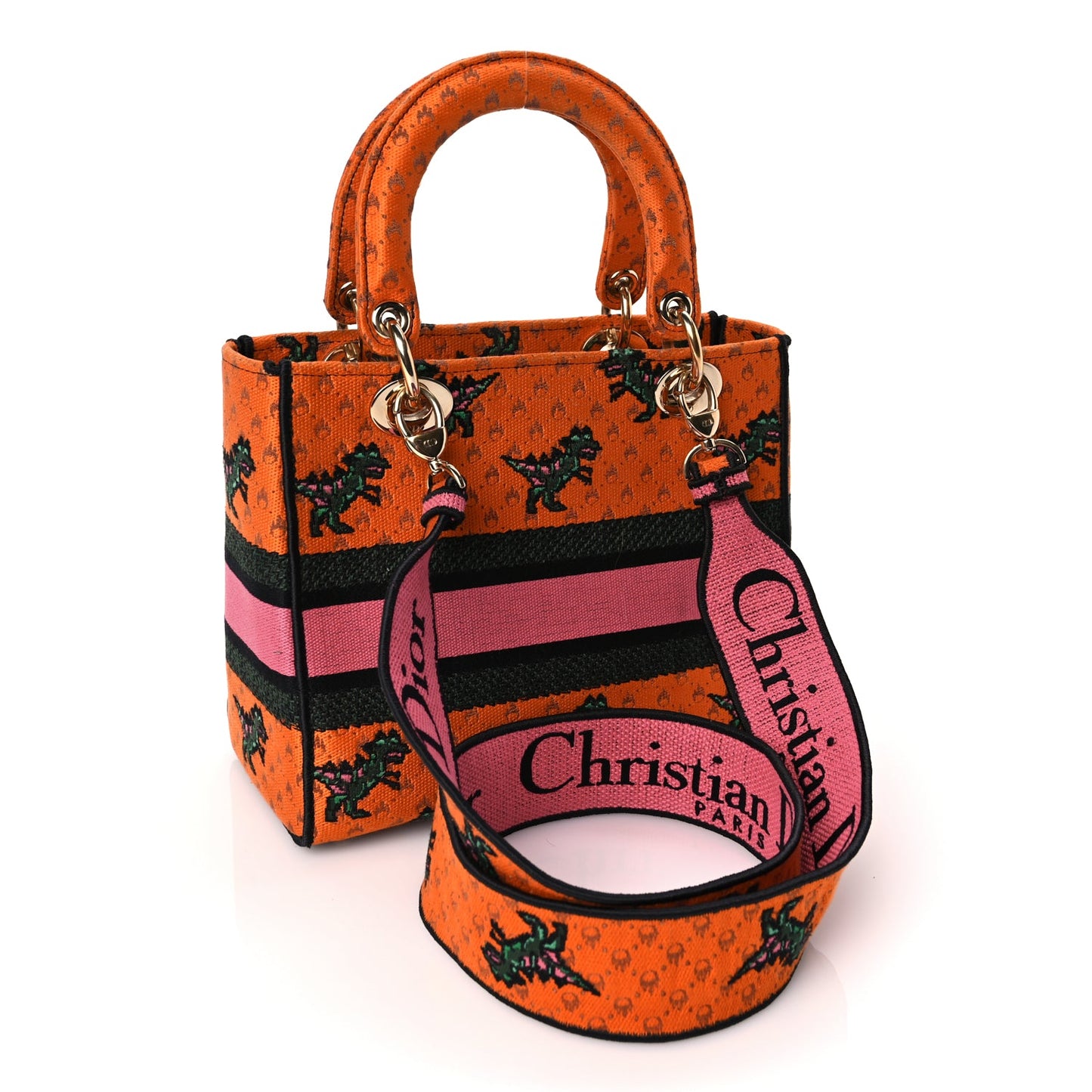 Christian Dior Canvas Embroidered Dino Medium Lady D-Lite Orange Multicolor