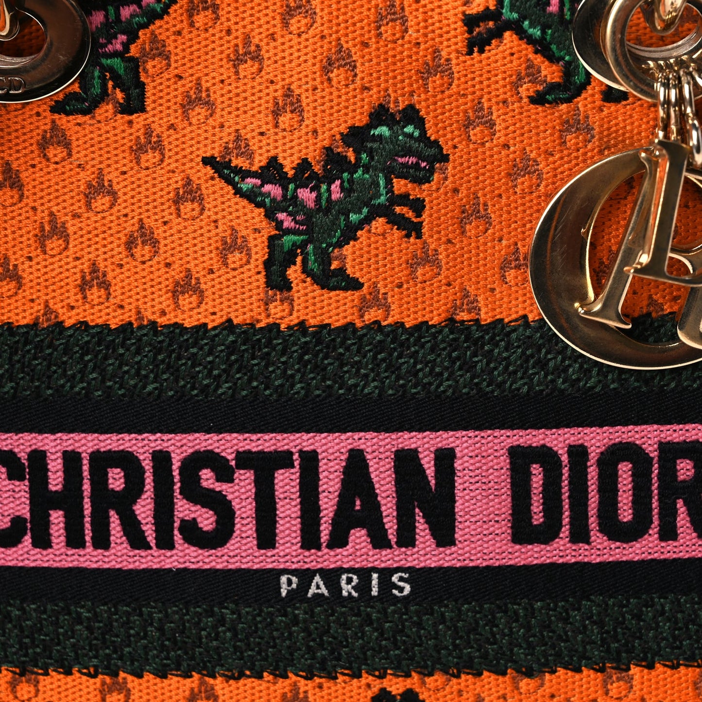 Christian Dior Canvas Embroidered Dino Medium Lady D-Lite Orange Multicolor