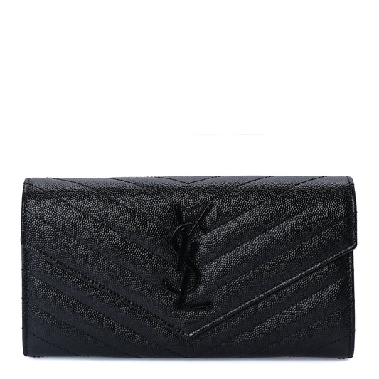 Saint Laurent Grain De Poudre Matelasse Chevron Monogram Flap Wallet Black