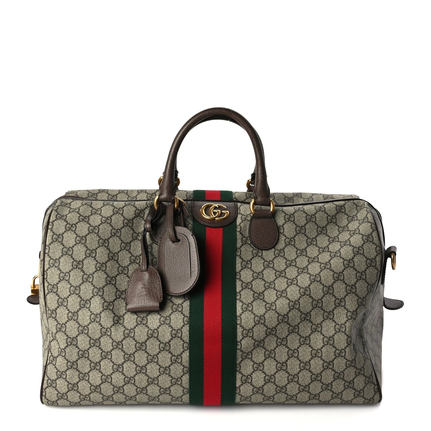 Gucci GG Supreme Monogram Textured Dollar Calfskin Web Medium Ophidia Carry-On Duffle Bag Beige Ebony New Acero