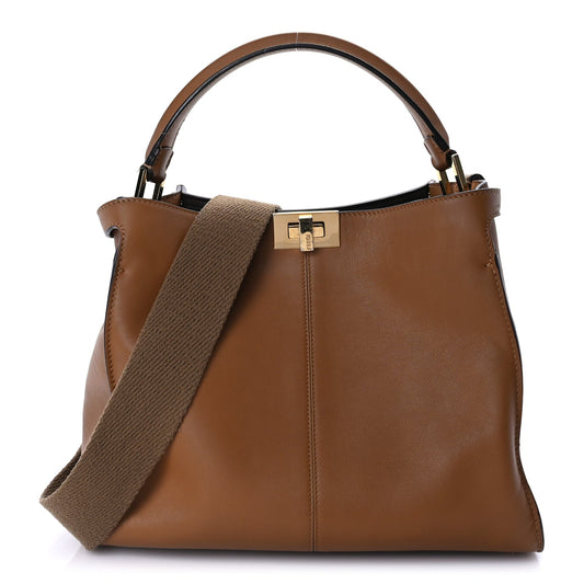 Fendi Vitello Seta Light Century Shearling FF 1974 Medium Peekaboo X-Lite Nocciolo Ebano Tobacco