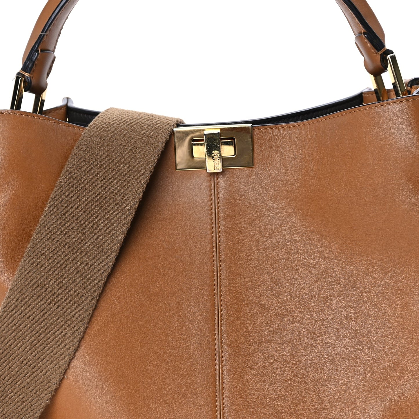 Fendi Vitello Seta Light Century Shearling FF 1974 Medium Peekaboo X-Lite Nocciolo Ebano Tobacco