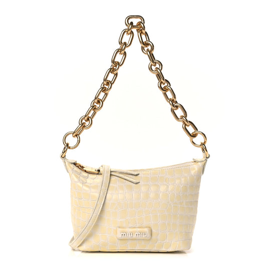 Miu Miu Calfskin Crocodile Embossed St Cocco Spirit Bag White