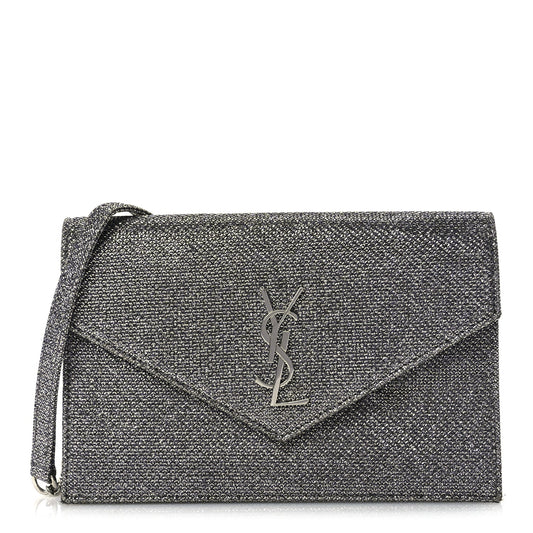 Saint Laurent Metallic Fabric Monogram Envelope Chain Wallet  Anthracite