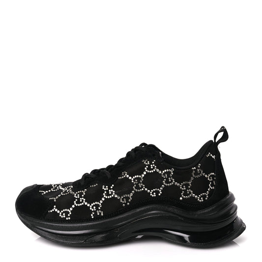Gucci Tela Retino Mesh Crystal Suede GG Monogram Womens Gucci Run Sneakers 36 Black Silver