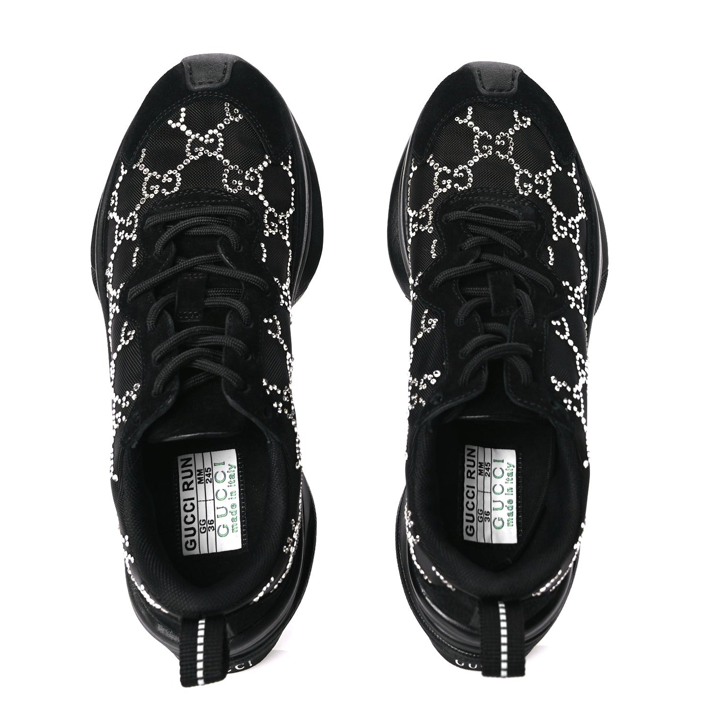 Gucci Tela Retino Mesh Crystal Suede GG Monogram Womens Gucci Run Sneakers 36 Black Silver