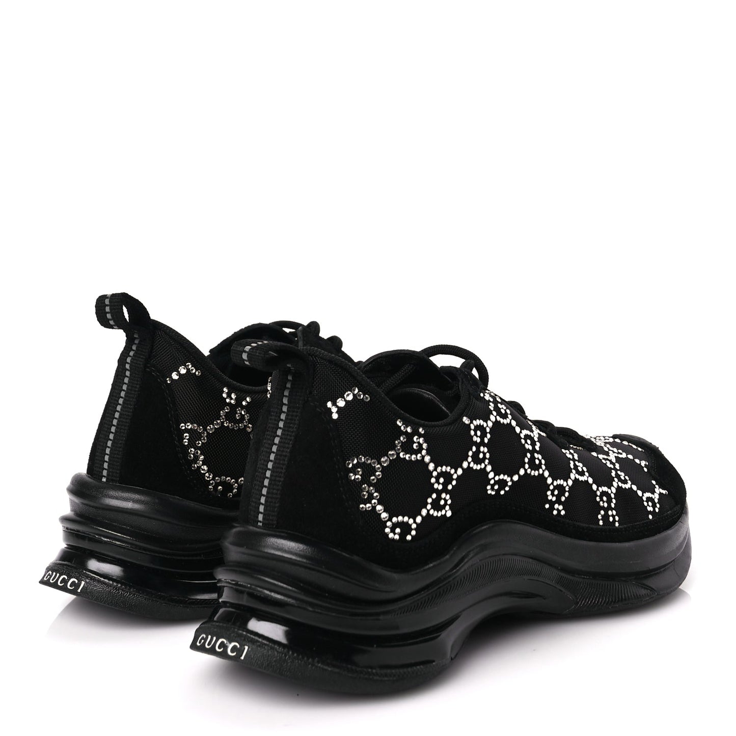 Gucci Tela Retino Mesh Crystal Suede GG Monogram Womens Gucci Run Sneakers 36 Black Silver