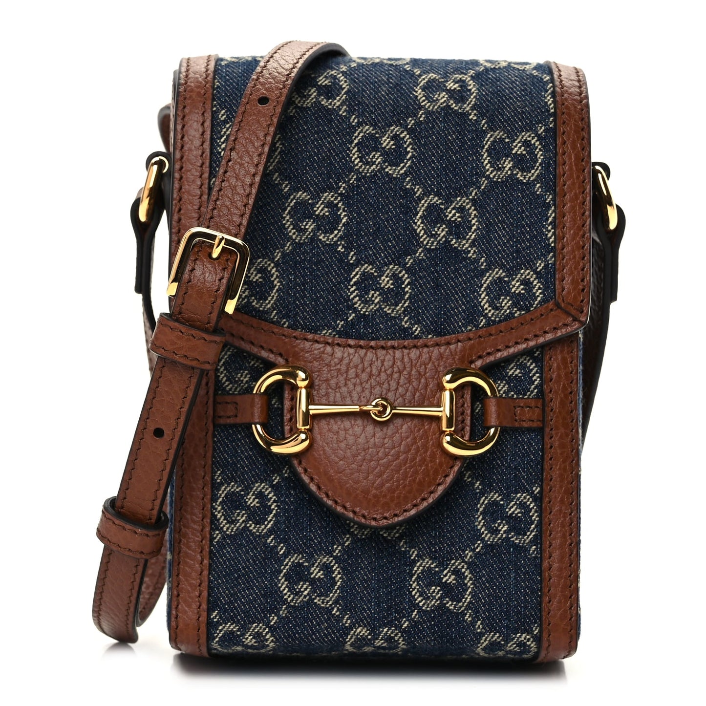 Gucci New Denim GG Monogram Dollar Calfskin Mini Horsebit 1955 Crossbody Bag Blue Tea Cuir Epilog