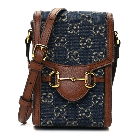 Gucci New Denim GG Monogram Dollar Calfskin Mini Horsebit 1955 Crossbody Bag Blue Tea Cuir Epilog