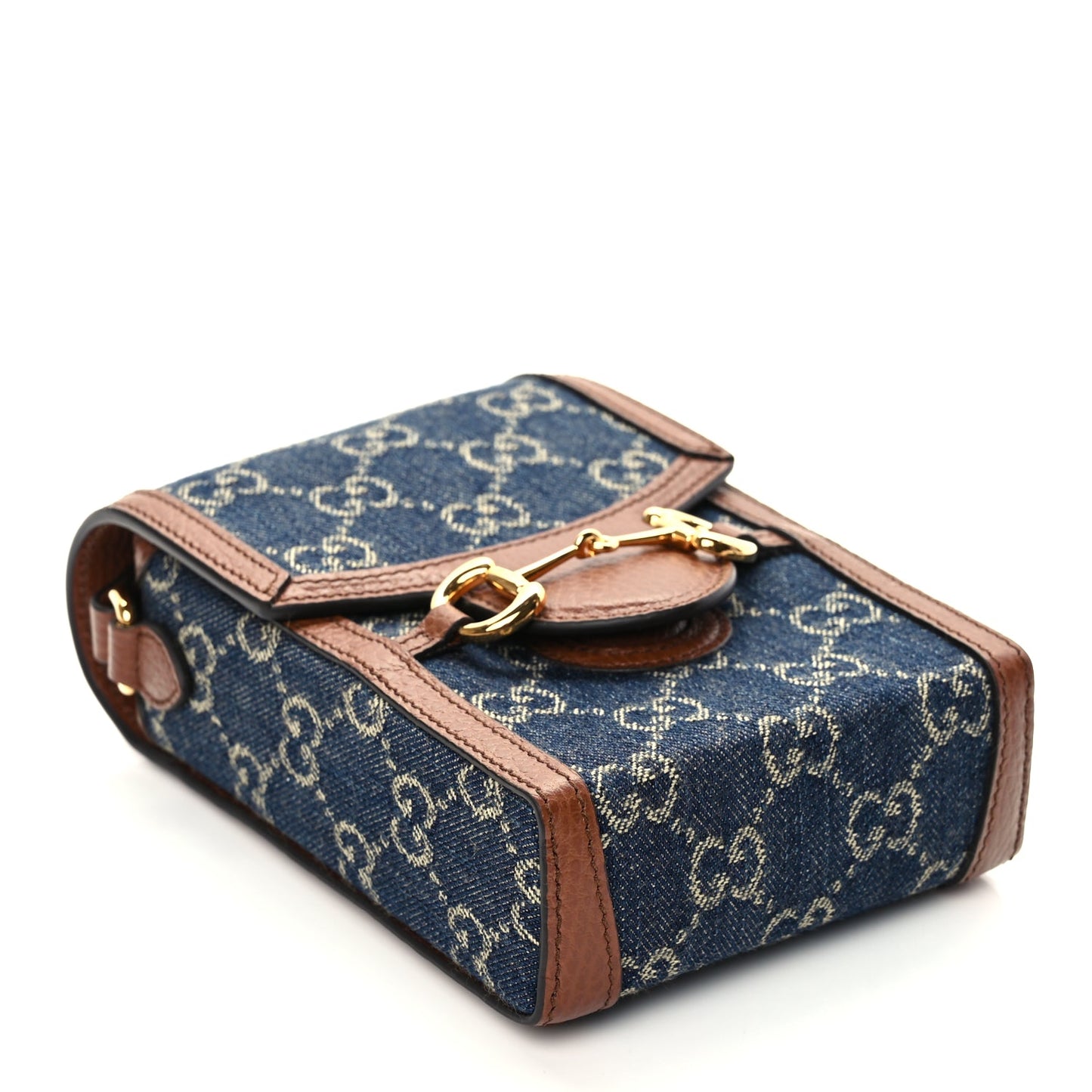 Gucci New Denim GG Monogram Dollar Calfskin Mini Horsebit 1955 Crossbody Bag Blue Tea Cuir Epilog