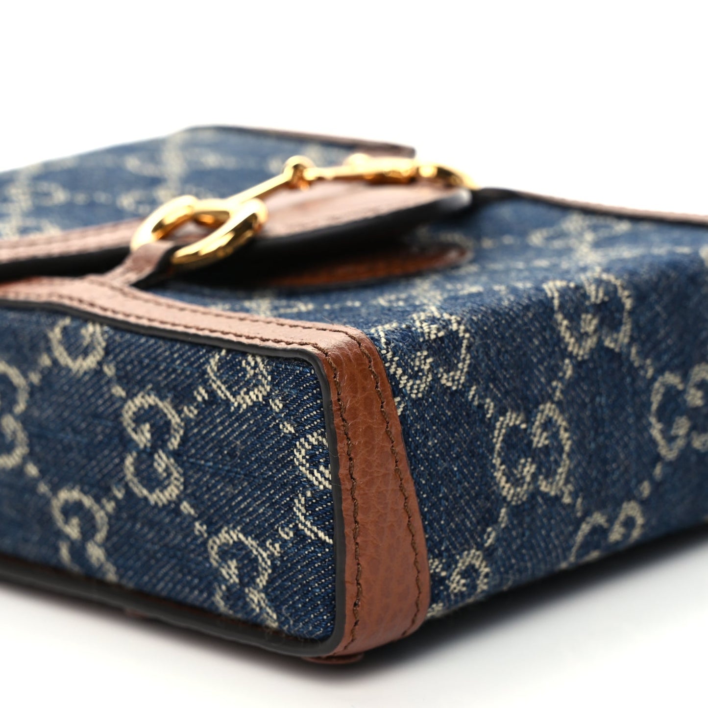 Gucci New Denim GG Monogram Dollar Calfskin Mini Horsebit 1955 Crossbody Bag Blue Tea Cuir Epilog