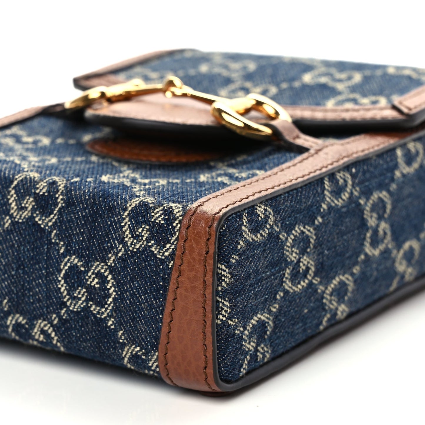 Gucci New Denim GG Monogram Dollar Calfskin Mini Horsebit 1955 Crossbody Bag Blue Tea Cuir Epilog