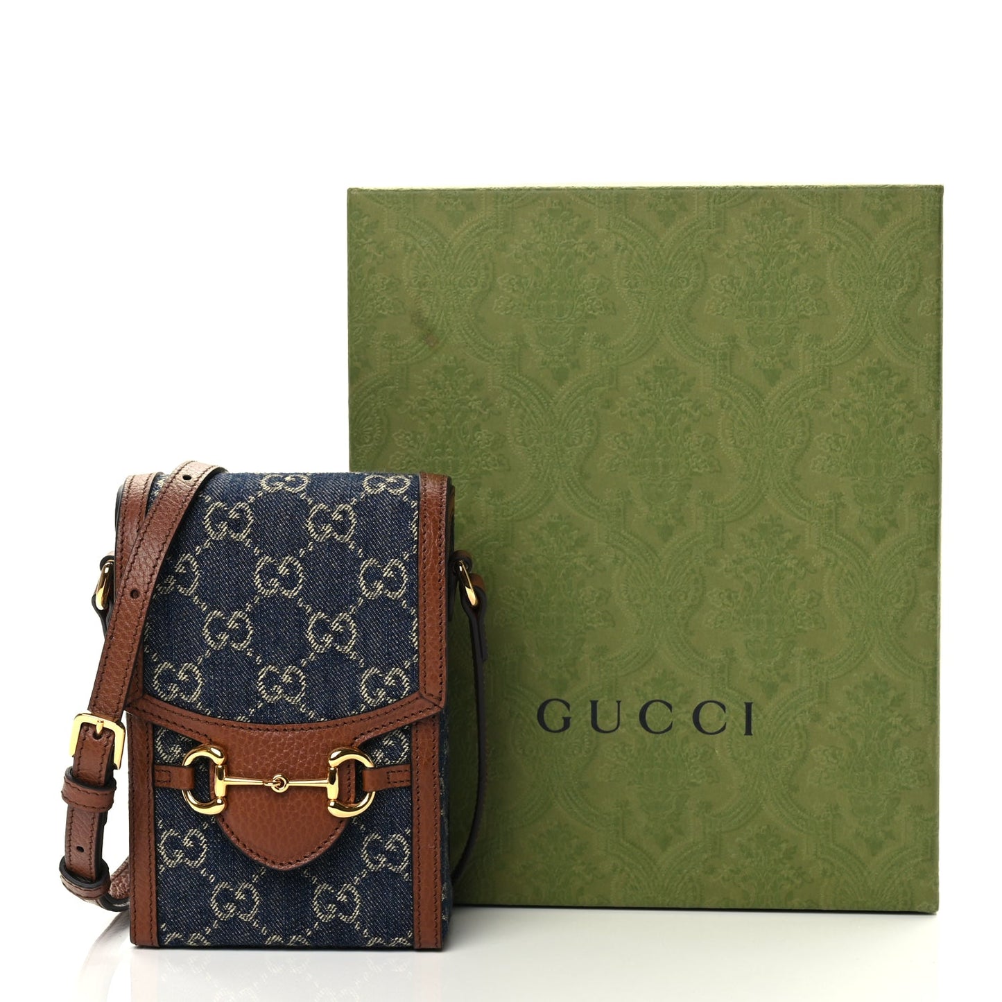Gucci New Denim GG Monogram Dollar Calfskin Mini Horsebit 1955 Crossbody Bag Blue Tea Cuir Epilog