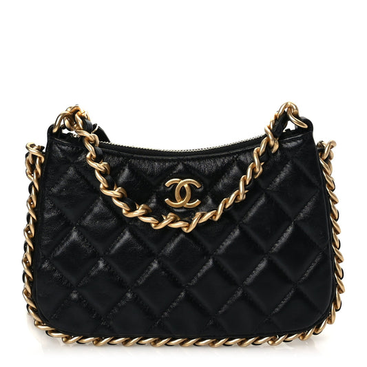 Chanel Lambskin Quilted Chain Around Top Handle Mini Bag Black