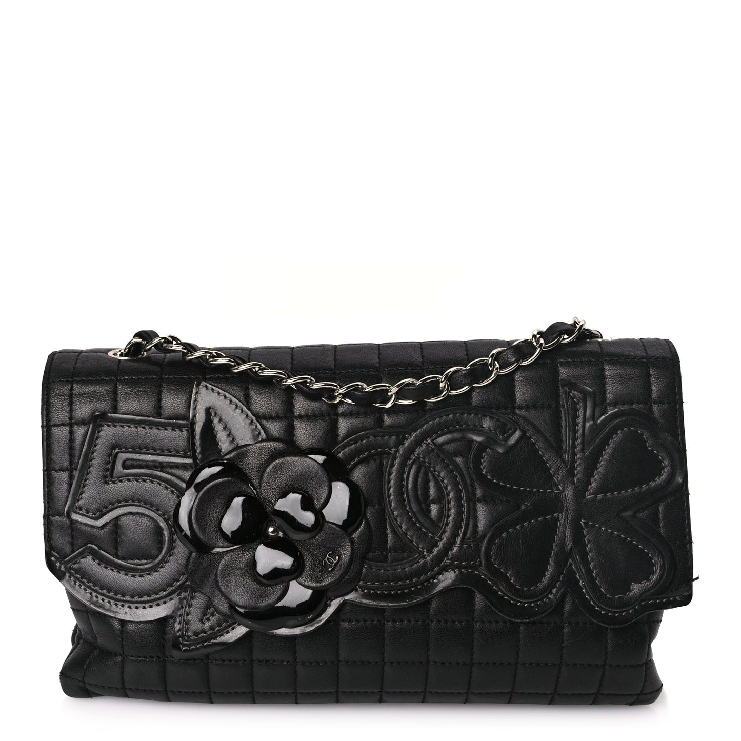 Chanel Lambskin Quilted Chocolate Bar Camellia No. 5 Flap Bag Black