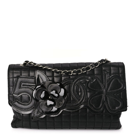 Chanel Lambskin Quilted Chocolate Bar Camellia No. 5 Flap Bag Black