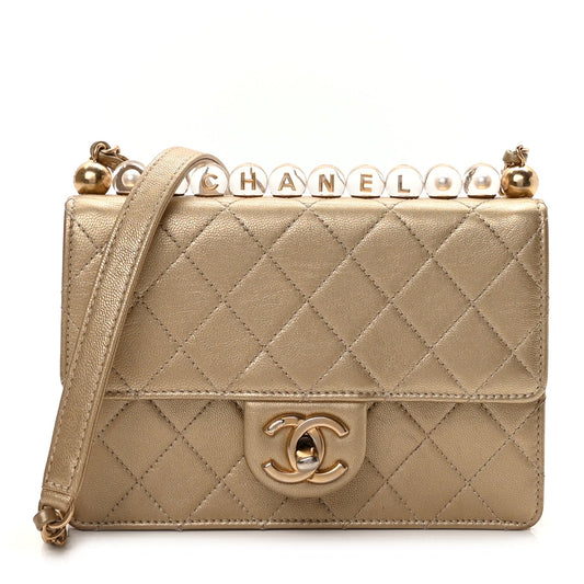 Chanel Metallic Lambskin Quilted Small Chic Pearls Flap Gold