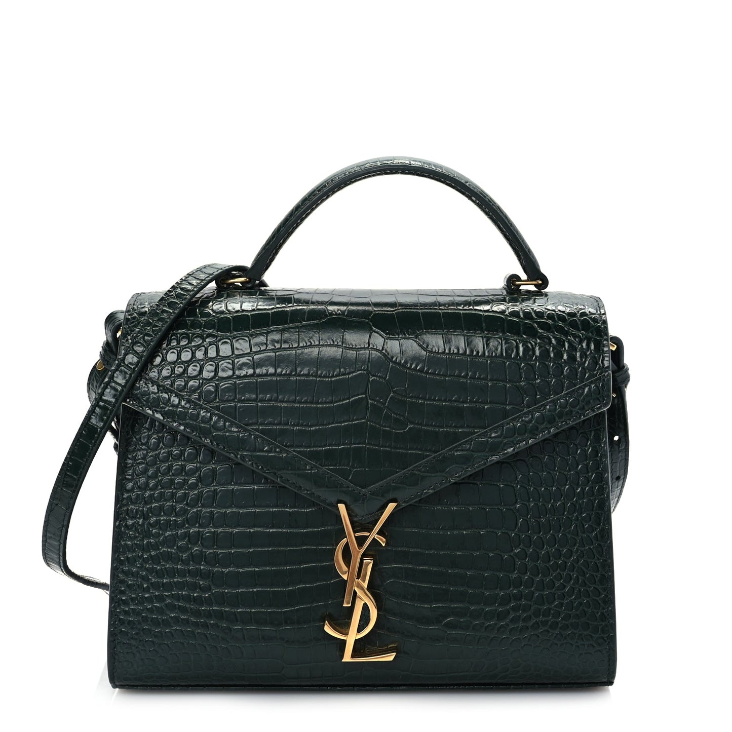 Saint Laurent Calfskin Crocodile Embossed Medium Classic Monogram Cassandra Top Handle Dark Mint