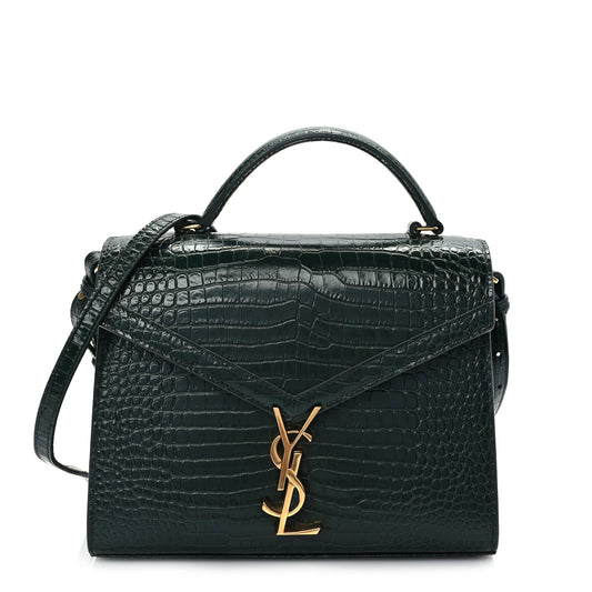 Saint Laurent Calfskin Crocodile Embossed Medium Classic Monogram Cassandra Top Handle Dark Mint