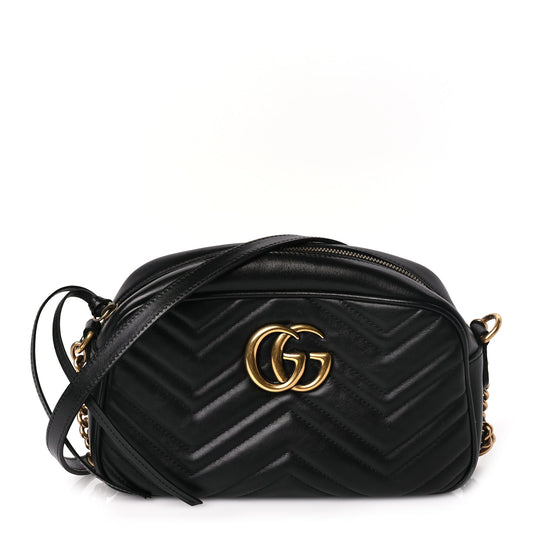 Gucci Calfskin Matelasse Small GG Marmont Chain Shoulder Bag Black