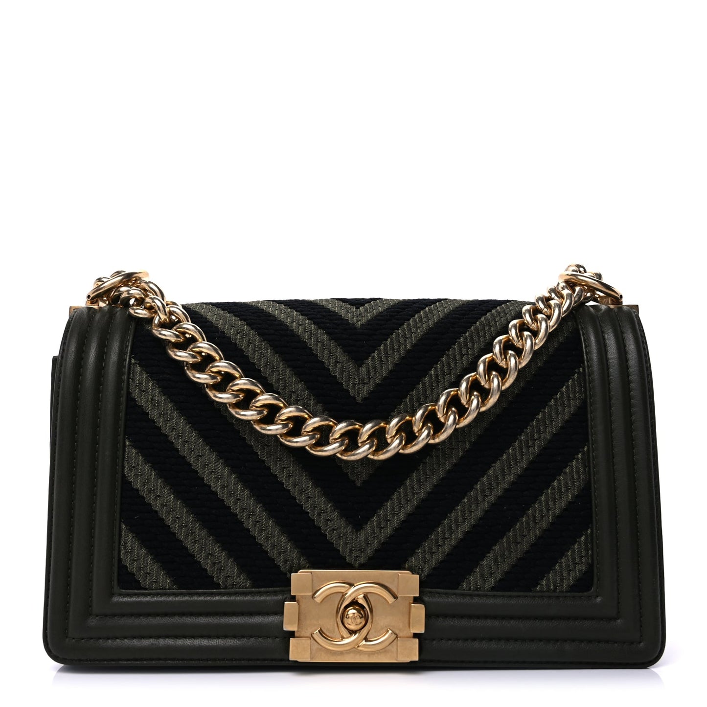 Chanel Fabric Chevron Braided Medium Boy Flap Black Dark Green