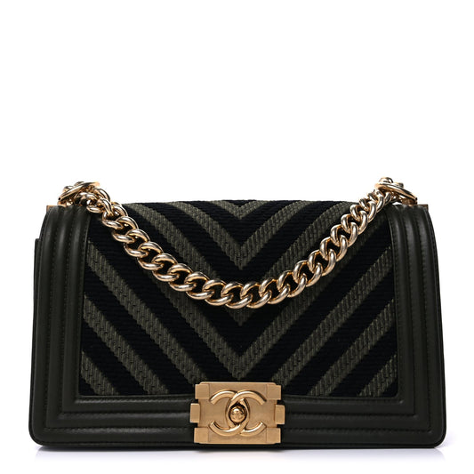 Chanel Fabric Chevron Braided Medium Boy Flap Black Dark Green