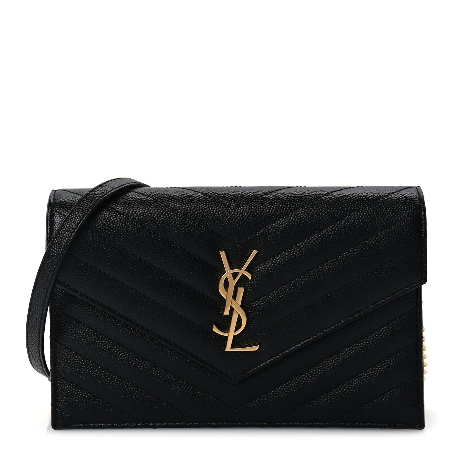 Saint Laurent Grain De Poudre Matelasse Chevron Monogram Envelope Chain Wallet  Black