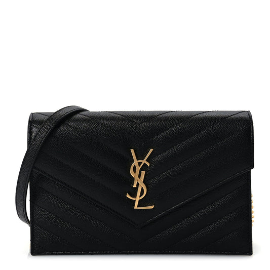 Saint Laurent Grain De Poudre Matelasse Chevron Monogram Envelope Chain Wallet  Black