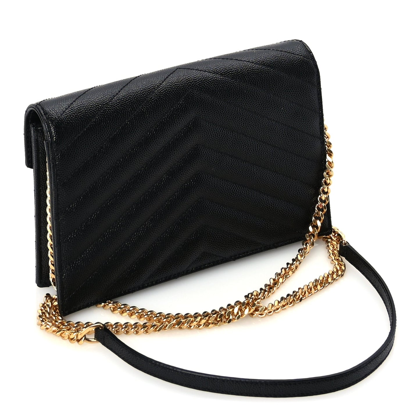 Saint Laurent Grain De Poudre Matelasse Chevron Monogram Envelope Chain Wallet  Black