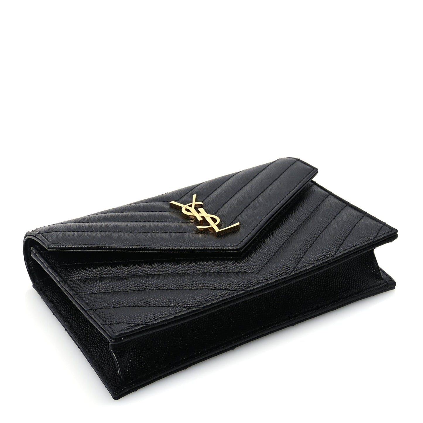 Saint Laurent Grain De Poudre Matelasse Chevron Monogram Envelope Chain Wallet  Black