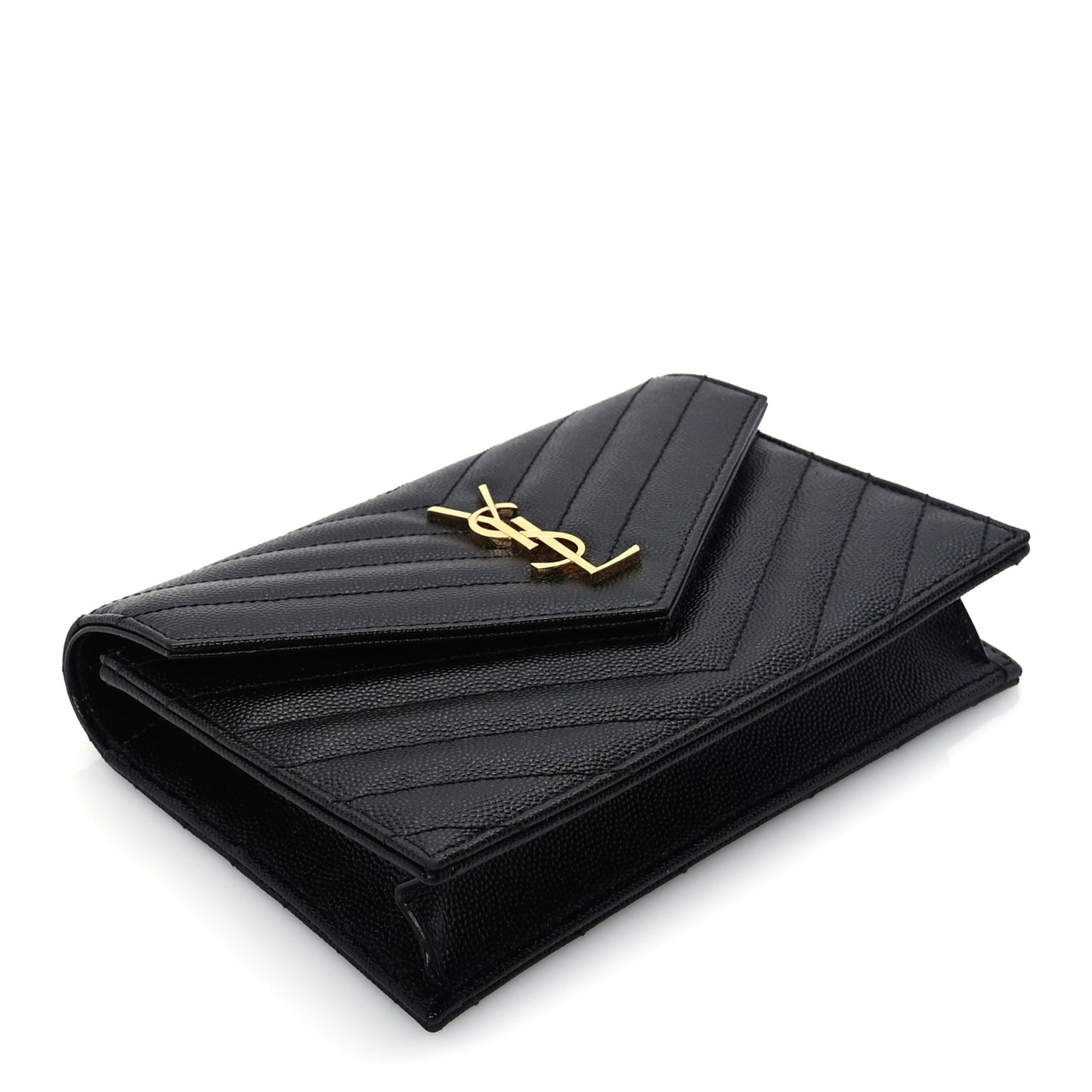 Saint Laurent Grain De Poudre Matelasse Chevron Monogram Envelope Chain Wallet  Black
