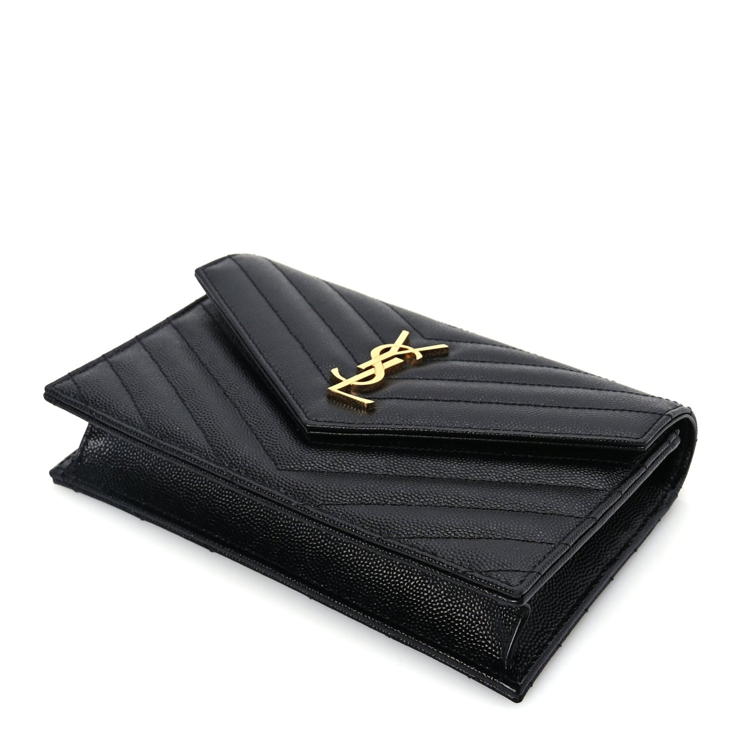 Saint Laurent Grain De Poudre Matelasse Chevron Monogram Envelope Chain Wallet  Black