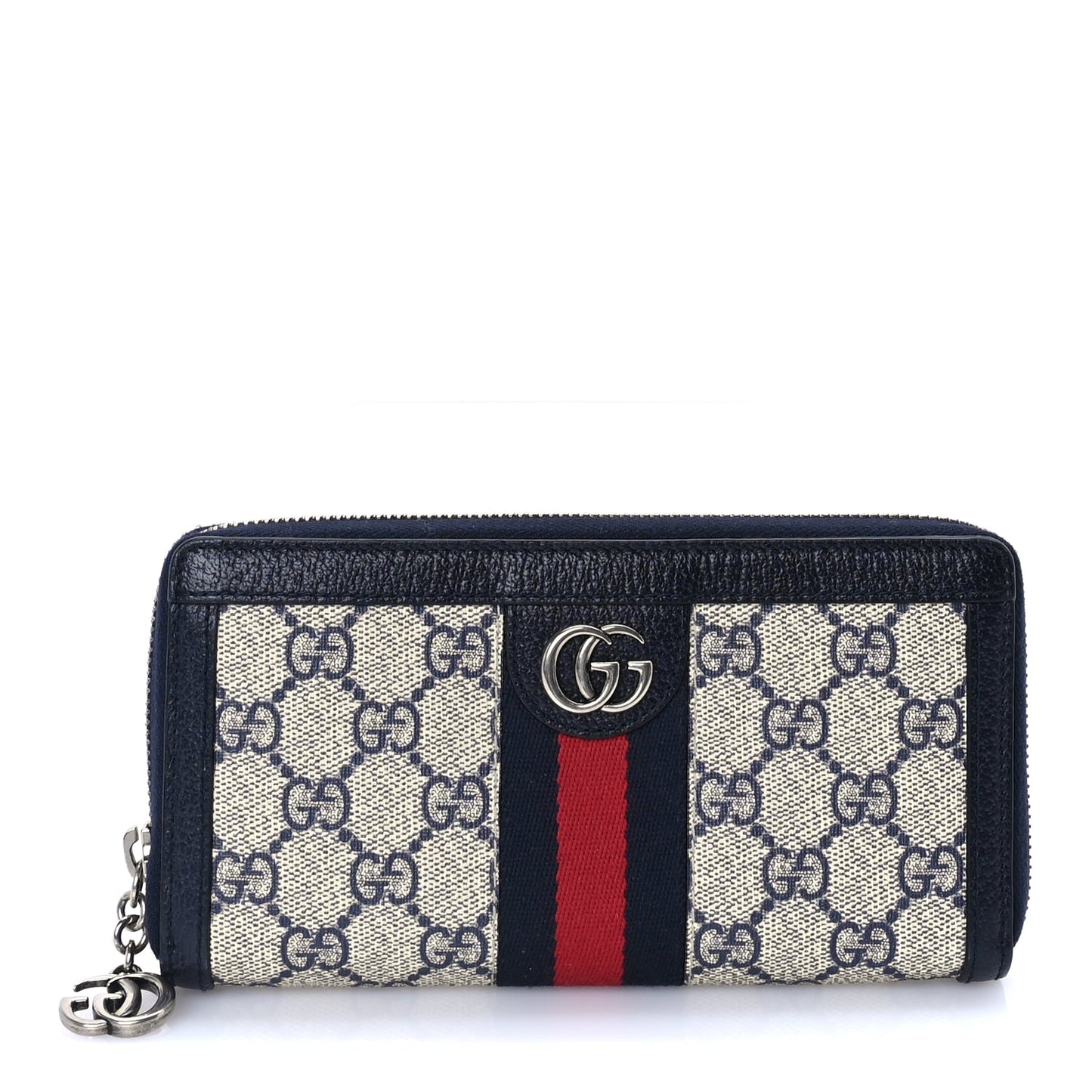 Gucci GG Supreme Monogram Textured Dollar Calfskin Web Ophidia Zip Around Wallet Beige Blue