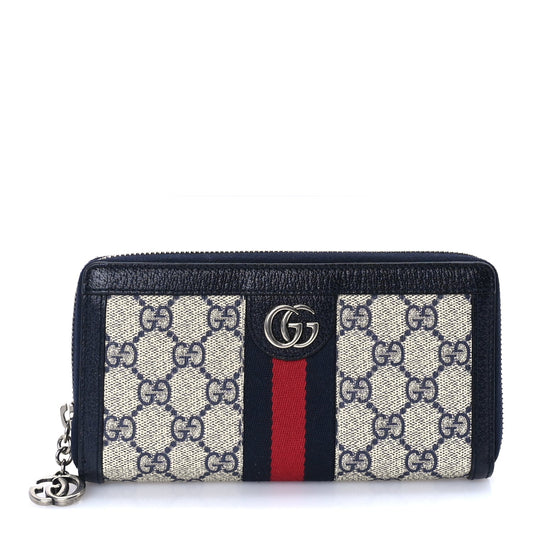 Gucci GG Supreme Monogram Textured Dollar Calfskin Web Ophidia Zip Around Wallet Beige Blue
