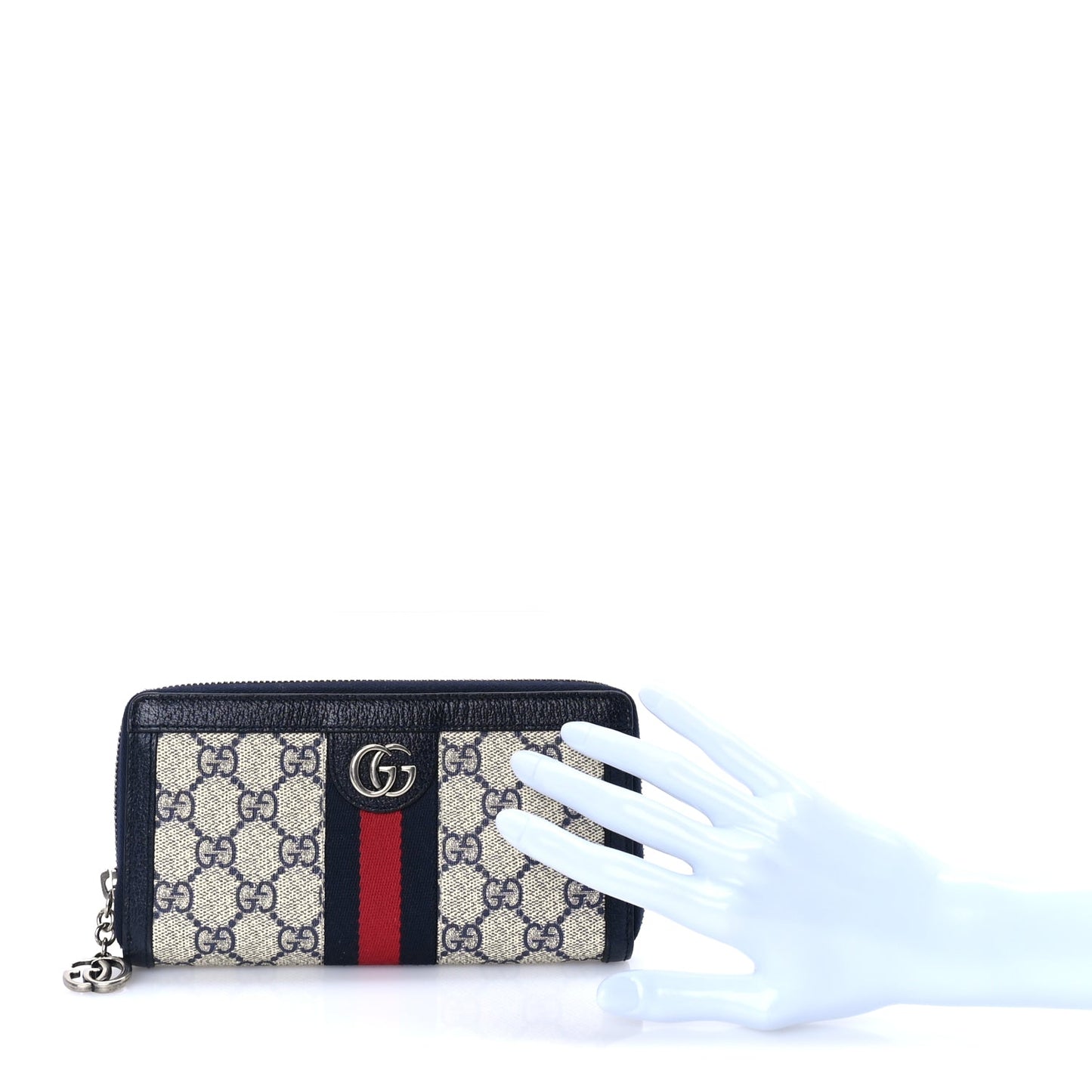 Gucci GG Supreme Monogram Textured Dollar Calfskin Web Ophidia Zip Around Wallet Beige Blue