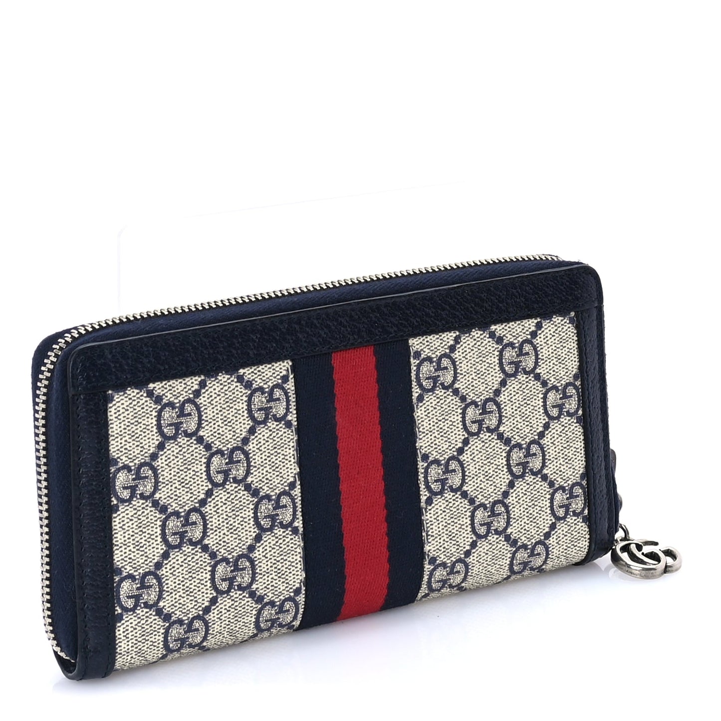 Gucci GG Supreme Monogram Textured Dollar Calfskin Web Ophidia Zip Around Wallet Beige Blue
