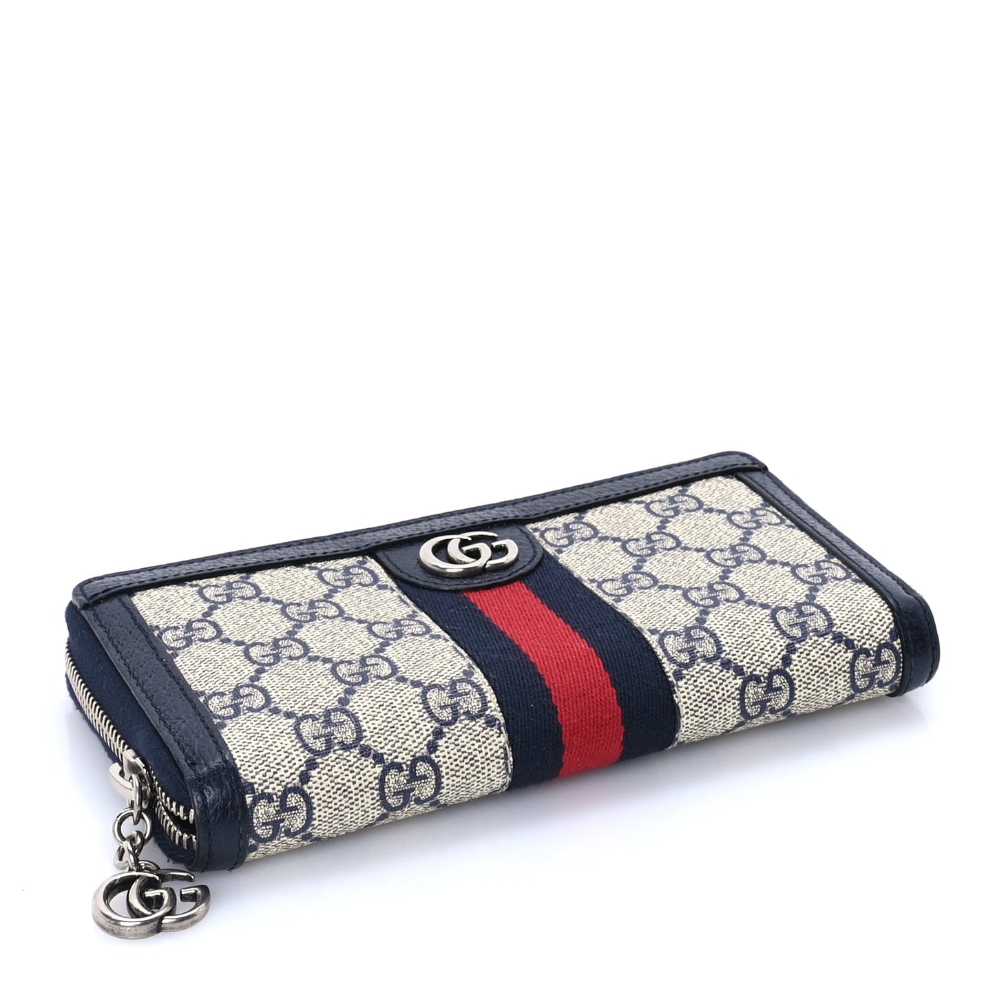 Gucci GG Supreme Monogram Textured Dollar Calfskin Web Ophidia Zip Around Wallet Beige Blue