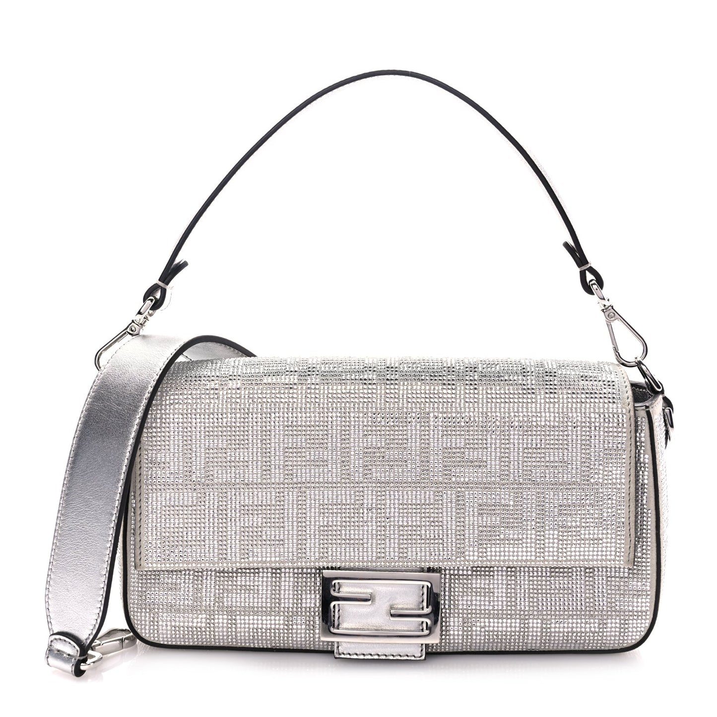 Fendi Crystal Vitello Laminato FF Medium Baguette Crystal Argento