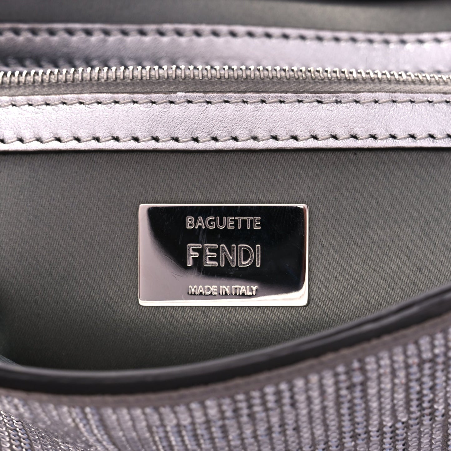 Fendi Crystal Vitello Laminato FF Medium Baguette Crystal Argento
