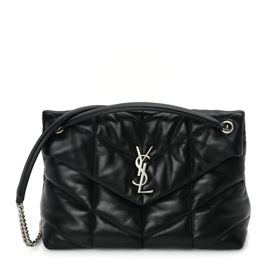 Saint Laurent Lambskin Quilted Medium Loulou Puffer Monogram Chain Satchel Black