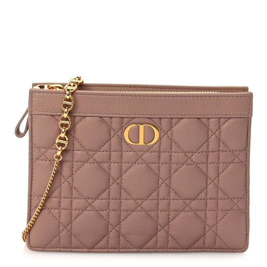 Christian Dior Calfskin Cannage Caro Zipped Pouch With Chain  Fard