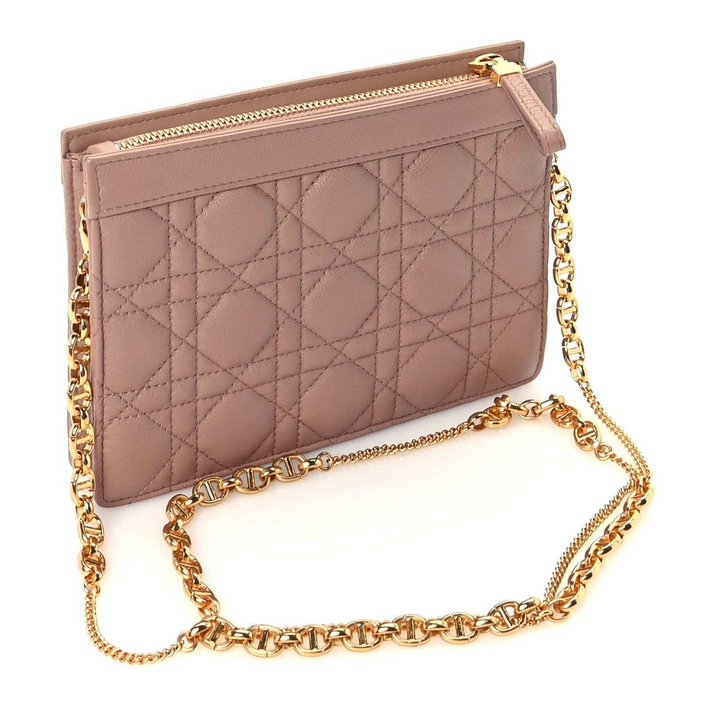 Christian Dior Calfskin Cannage Caro Zipped Pouch With Chain  Fard