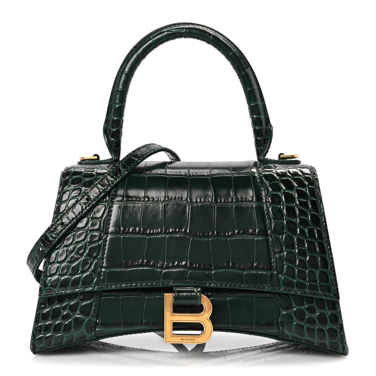 Balenciaga Shiny Calfskin Crocodile Embossed Small Hourglass Top Handle Bag Forest Green