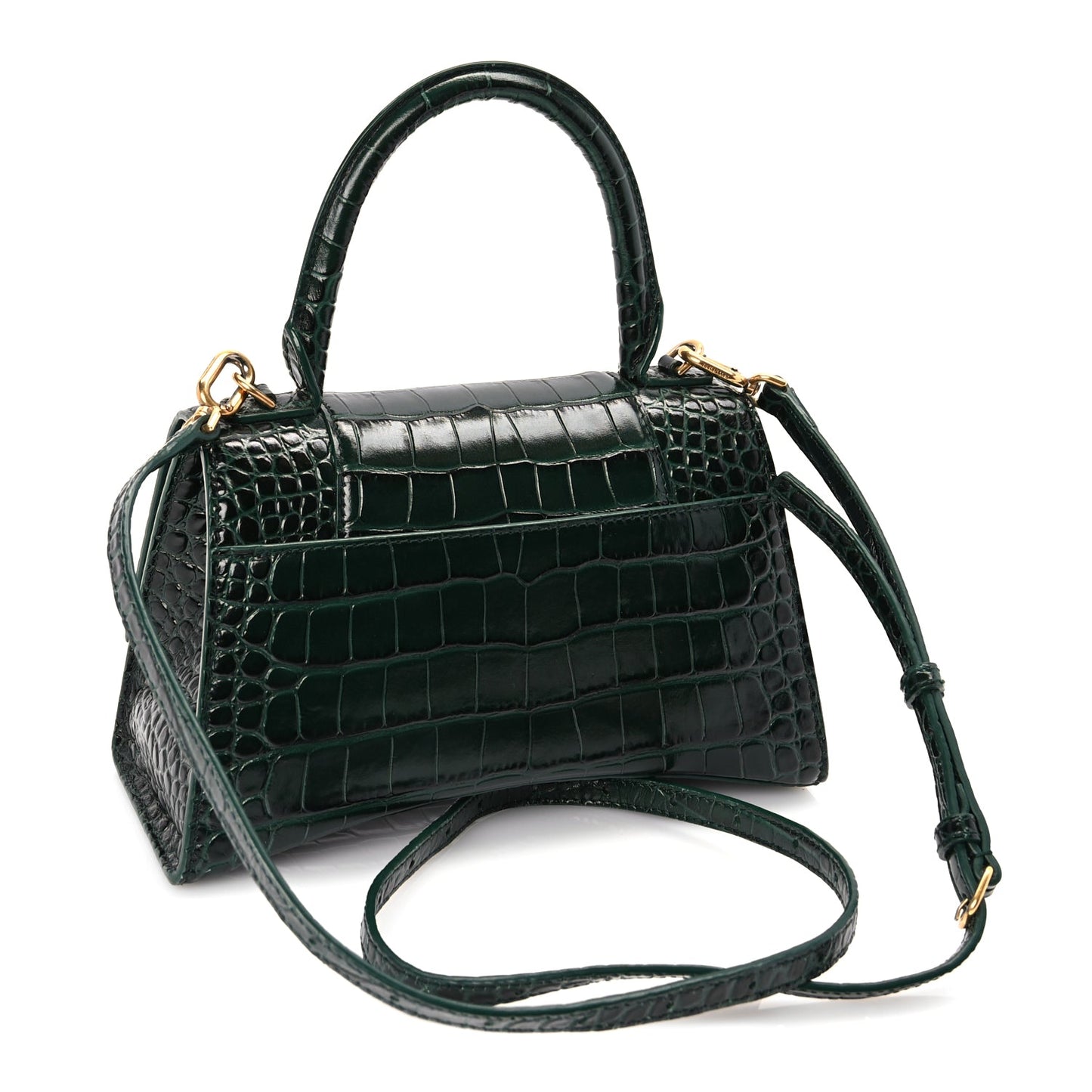 Balenciaga Shiny Calfskin Crocodile Embossed Small Hourglass Top Handle Bag Forest Green