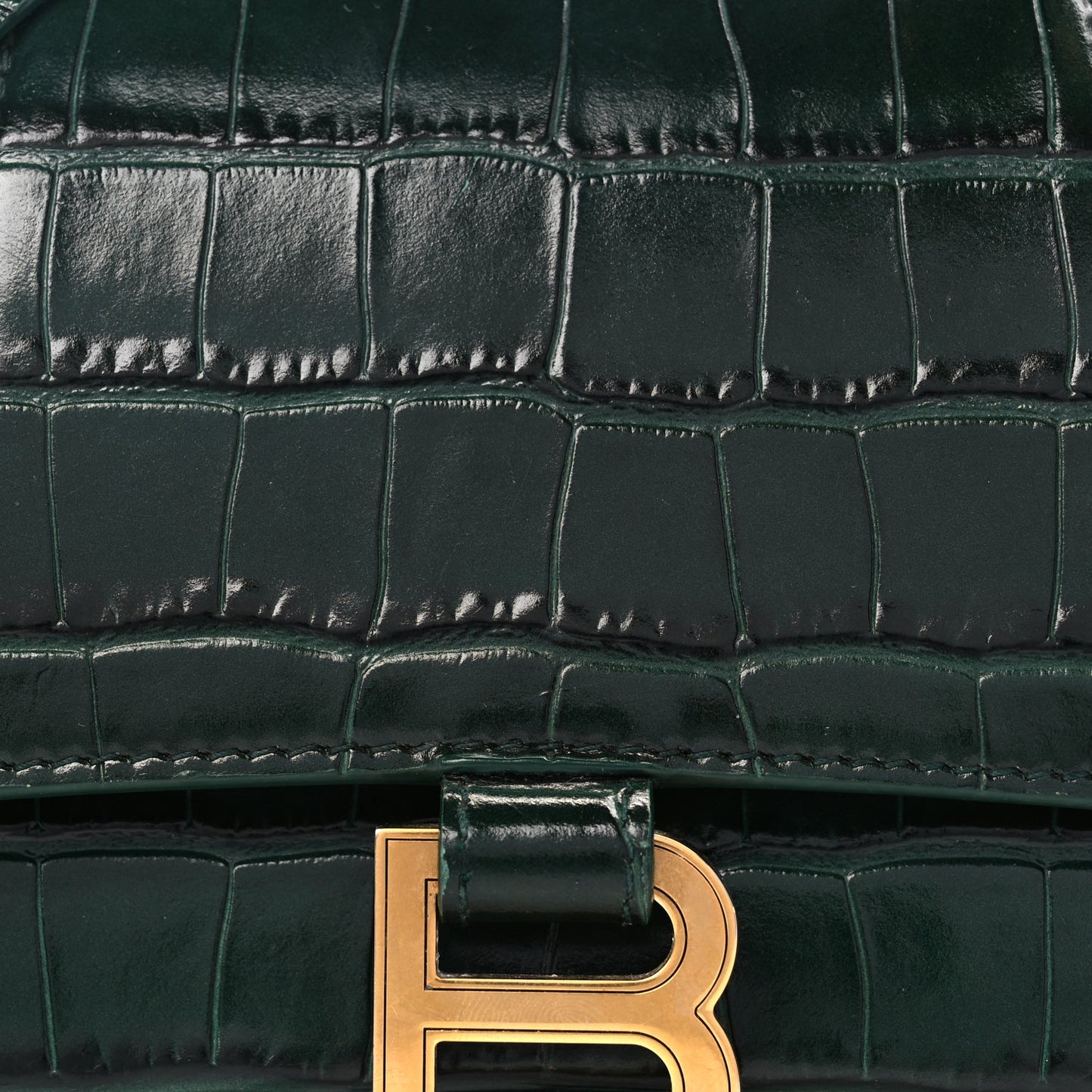 Balenciaga Shiny Calfskin Crocodile Embossed Small Hourglass Top Handle Bag Forest Green