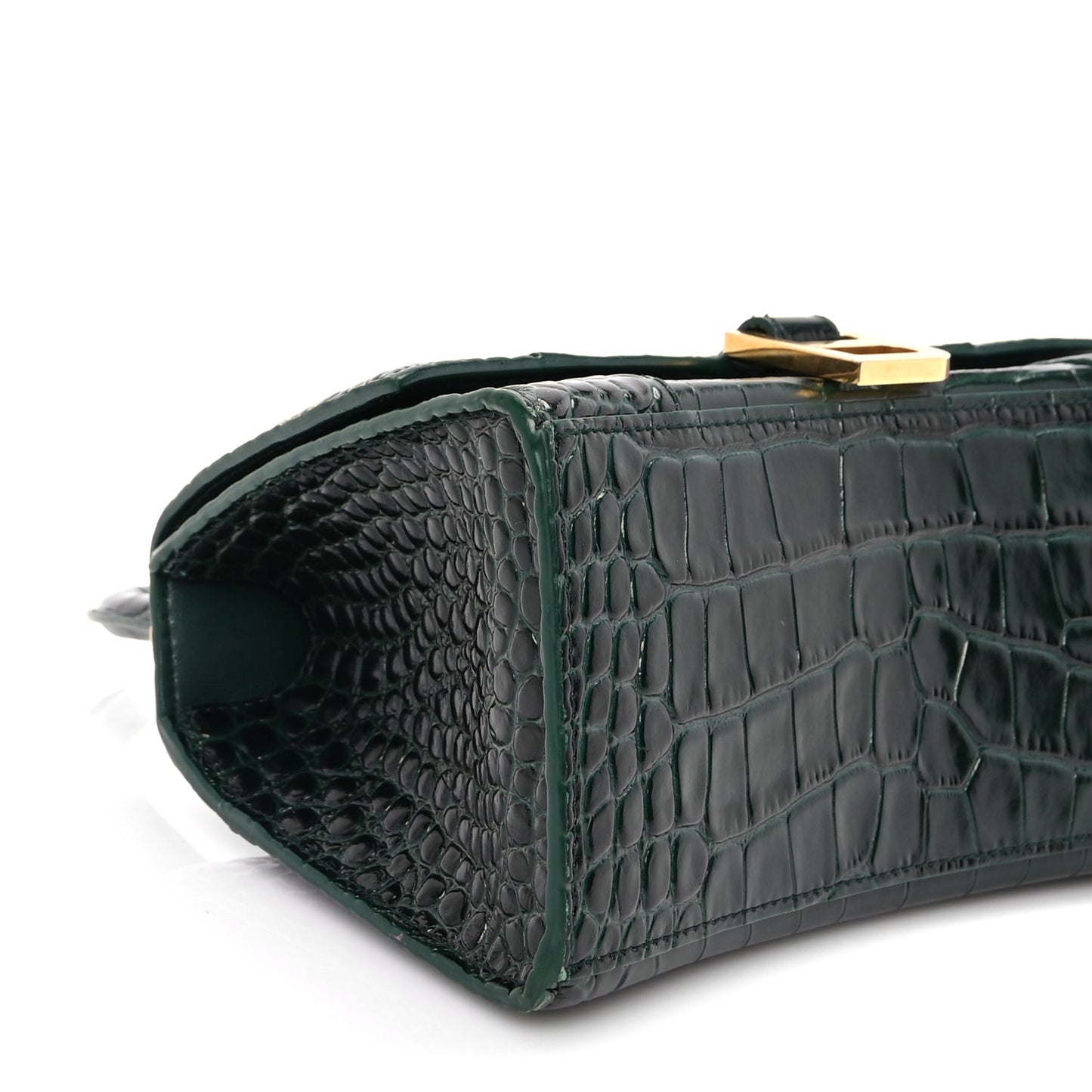 Balenciaga Shiny Calfskin Crocodile Embossed Small Hourglass Top Handle Bag Forest Green