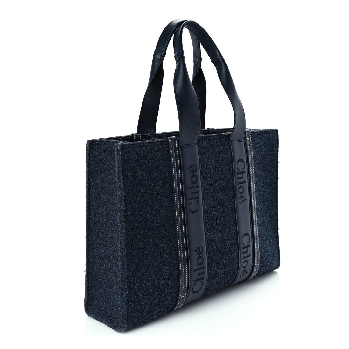 Chloe Felt Shiny Calfskin Large Woody Ribbon Tote Obscure Navy