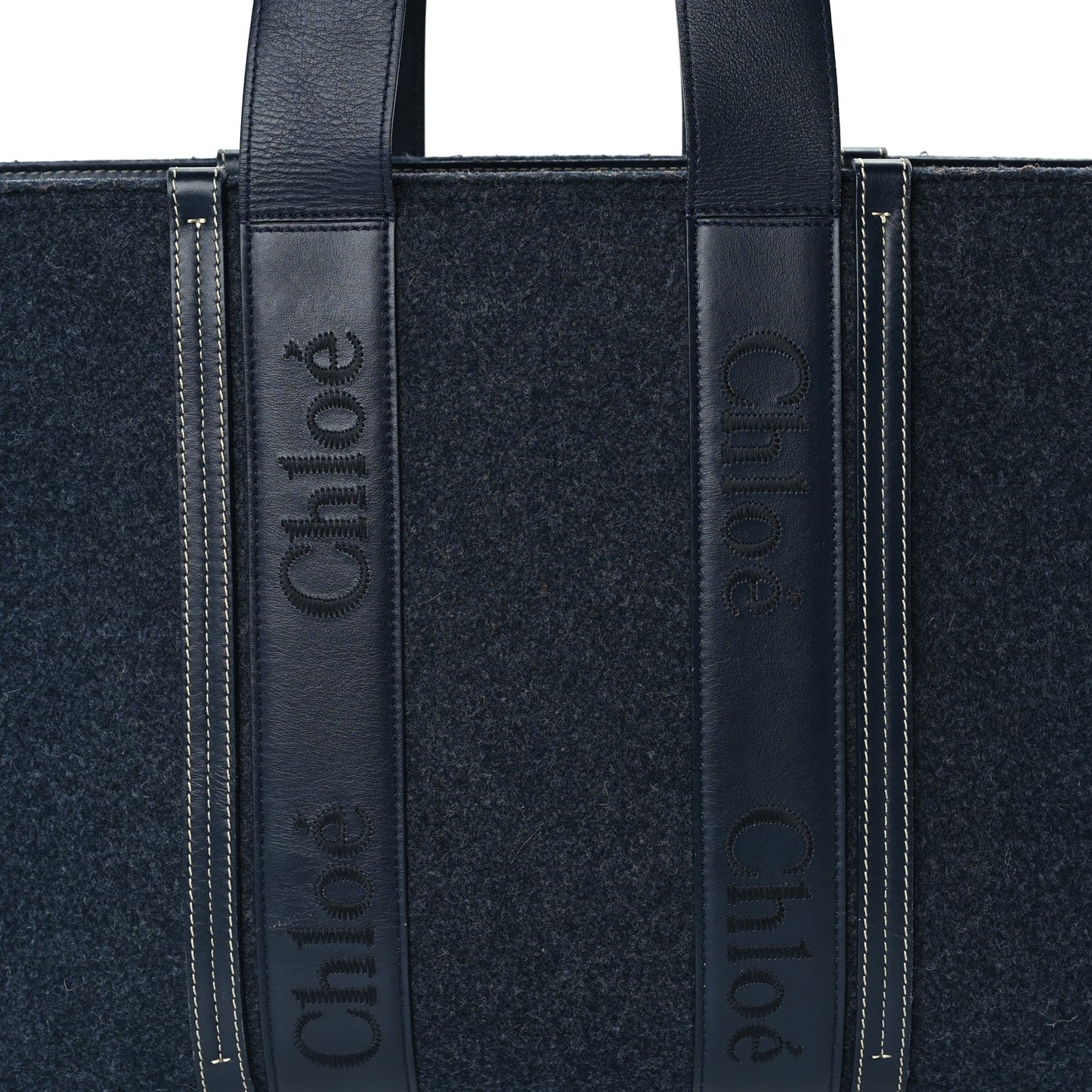 Chloe Felt Shiny Calfskin Large Woody Ribbon Tote Obscure Navy