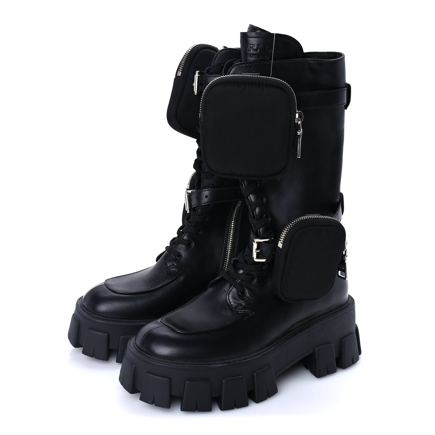 Prada Vitello Lux Nylon Metal Triangle Logo Monolith Pouch Pocket 55mm Tall Combat Boots 37 Black
