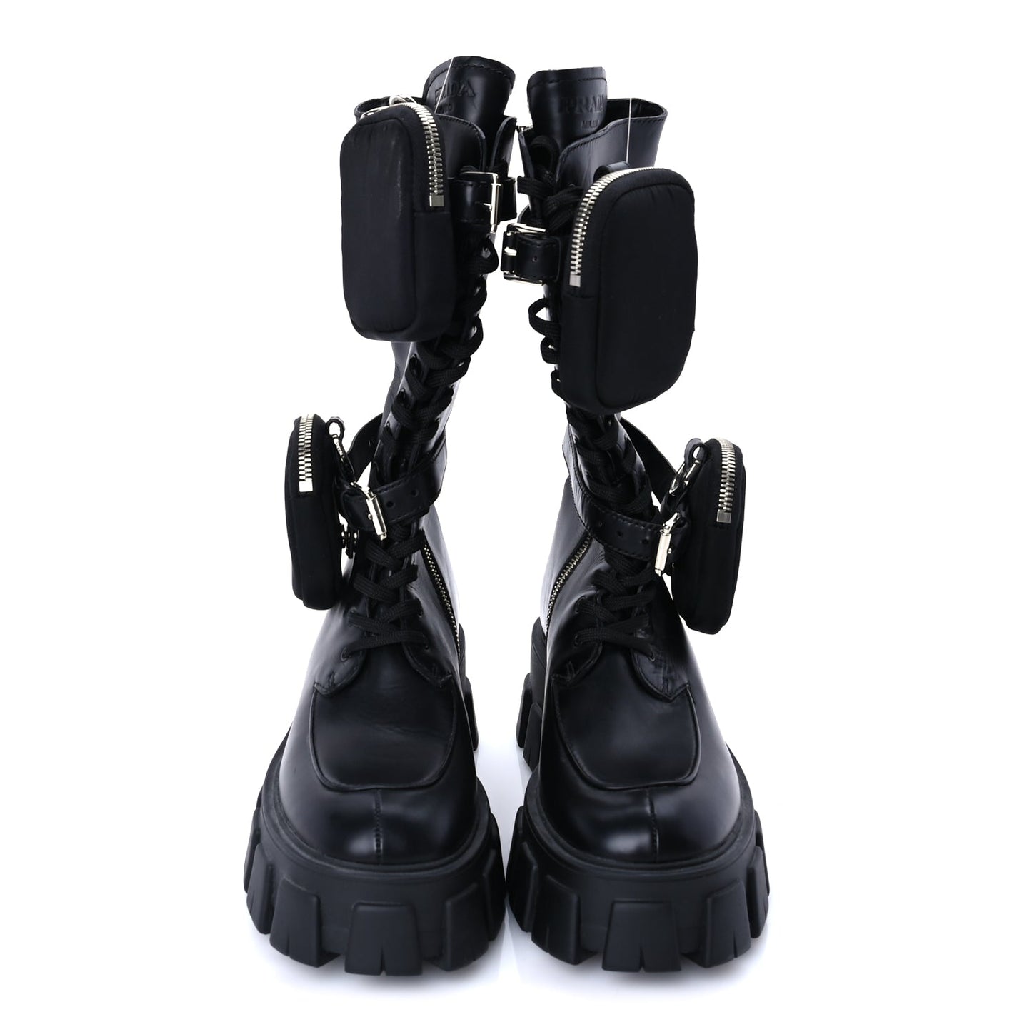 Prada Vitello Lux Nylon Metal Triangle Logo Monolith Pouch Pocket 55mm Tall Combat Boots 37 Black